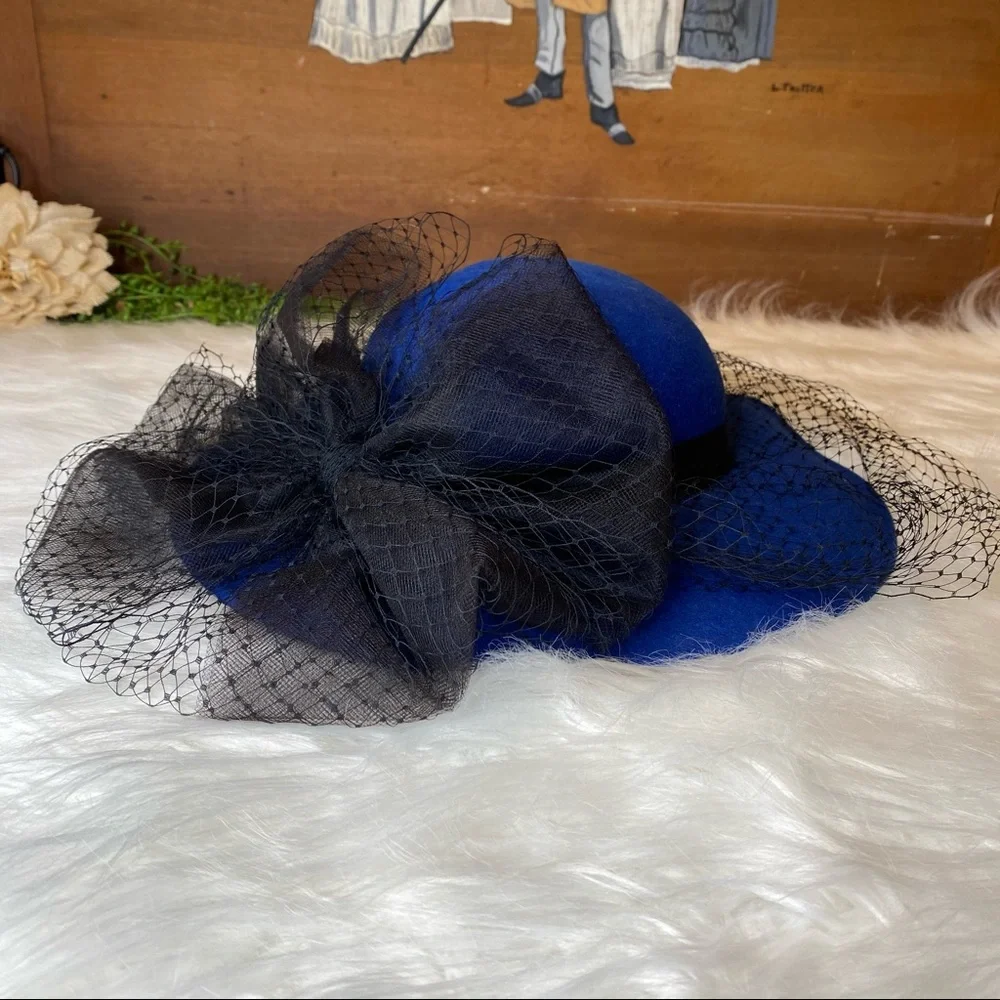 Royal Blue Women's Felt Hat with Black Veil - Picture 10 of 11